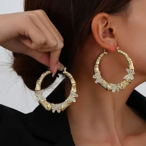 Big Large Bamboo Hoop Earrings Gold Plated Metal Alloy Crystal Rhinestone Butterfly Joint Loop Earrings