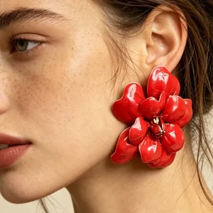 Big Red Flower Earrings Vintage Enamel Petal Design Statement Earrings for Women Fashion Jewelry Daily Party Wedding Gift