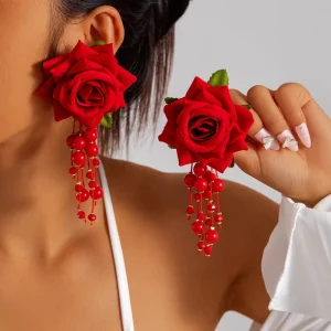Big Red Pink Rose Flower Drop Earring for Women Girl Pearl Tassel Elegant Fashion Stud Earrings Jewelry Gifts