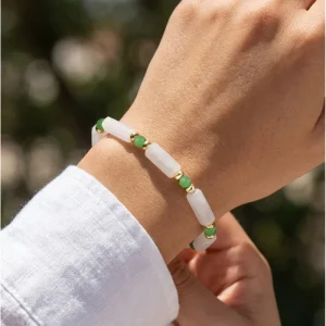 Bingxin Jewelry Vintage Lucky Healing White Crystal Agate Natural Stone Beaded Bamboo Green Jade Stone Charm Bracelets for Women