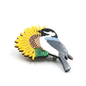 Bird on Sunflower Acrylic Brooch Multi Layer Chickadee Pin Garden Nature Jewelry Bulk Custom Animal Accessories