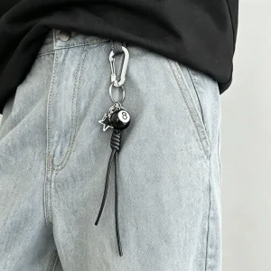 Black 8 Billiard Ball Keychain Star Charm Braided Rope Metal Carabiner Jeans Pants Pendant Keychain