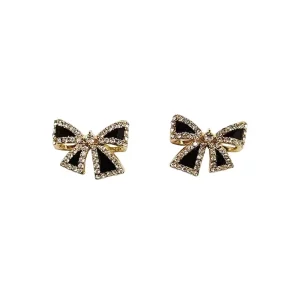 Black Alloy Sparkling Rhinestone Bow Earrings Petite Lightweight