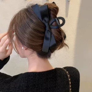 Black Color Fashion Hair Accessories Large Size Female Hair Claw Hepburn Style Black Bow Hair Clip Back Head Hair Claw for Women