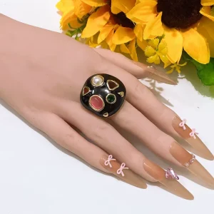 Black Enamel Colorful Gem Inlaid Square Statement Ring Stone Pearl Chunky Wide Band Ring Vintage Elegant Finger Jewelry