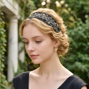 Black Floral Embroidered Headband Bohemian Ethnic Wide Hair Hoop Elegant Vintage Hair Accessory for Women Daily Party