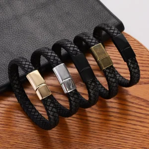 Black Leather Brown Wrap Woven Cuff Bracelets Handmade Men Women Bracelets Men Magnet Clasp Bangle