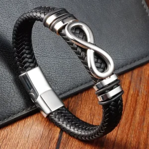 Black Leather Cord Cowhide Figure-8 Bracelet for Men Stainless Steel and Genuine Braided Wristband Handmade Bangle