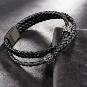 Black Leather Cord Cowhide Men’s Aquamarine and Stainless Steel Genuine Braided Bracelet Handmade Multi Layer Bangle