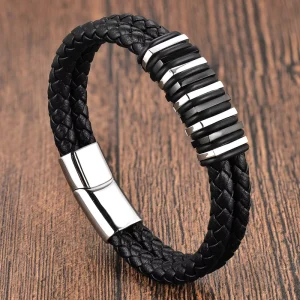 Black Leather Cord Men’s Double-Layer Stainless Steel Genuine Braided Bracelet Handmade Multi-Strand Bangle 668