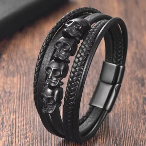 Black Leather Cord Men’s Double-Layer Stainless Steel Genuine Braided Bracelet Handmade Multi-Strand Bangle L20240