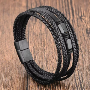 Black Leather Cord Men’s Double Layer Stainless Steel and Genuine Braided Bracelet Handmade Multi Layer Bangle
