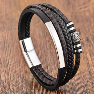 Black Leather Cord Men’s Double Layer Stainless Steel and Genuine Braided Bracelet Handmade Multi Layer Bangle