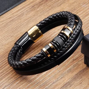 Black Leather Cord Men’s Double Layer Stainless Steel and Genuine Braided Bracelet Handmade Multi Layer Bangle