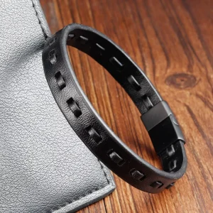 Black Leather Cord Men’s Double Layer Stainless Steel and Genuine Braided Bracelet Handmade Multi Layer Bangle
