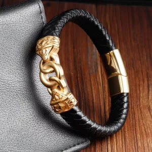 Black Leather Cord Men’s Double Layer Stainless Steel and Genuine Braided Bracelet Handmade Multi Layer Bangle 666