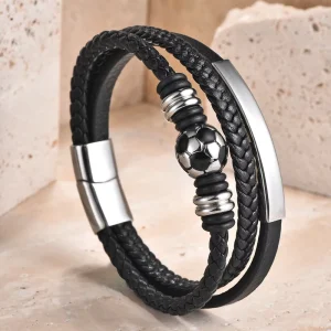 Black Leather Cord Men’s Double Layer Stainless Steel and Genuine Braided Bracelet Handmade Multi Layer Bangle 886