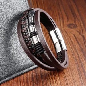 Black Leather Cord, Men’s Double-layer Stainless Steel and Genuine Braided Bracelet, Handmade Multi-layer Bangle