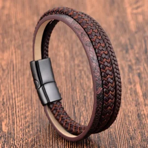 Black Leather Cord, Men’s Double-layer Stainless Steel and Genuine Braided Bracelet, Handmade Multi-layer Bangle