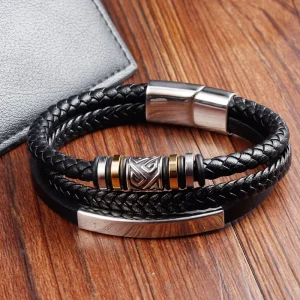 Black Leather Cord, Men’s Double-layer Stainless Steel and Genuine Braided Bracelet, Handmade Multi-layer Bangle