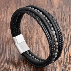 Black Leather Cord Men’s Double layer Stainless Steel and Genuine Braided Bracelet Handmade Multi layer Bangle 86