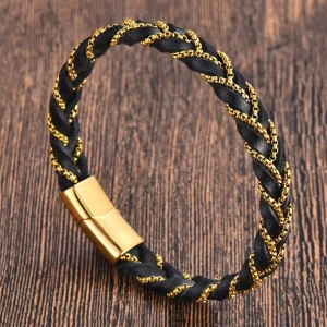 Black Leather Rope Cowhide Men’s Double Stainless Steel Woven Bracelet Handmade Multi layer 86
