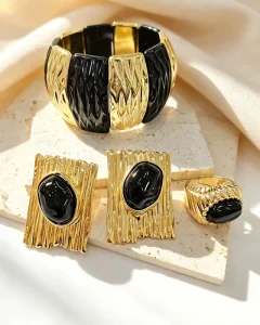 Black Resin Alloy 18K Gold Plated Jewelry Set Women Sculptural Earrings Ring Bangle Dark Coquette Party OEM Available