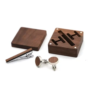 Black Walnut Solid Wood Cuff Links Box with Cufflinks and Tie Clips Set for Men as Travel Anniversary Birthday Gifts