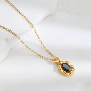 Black Zircon Pendant Necklace Gold-plated Stainless Steel Oval Crystal Vintage Elegant Women’s Accessory