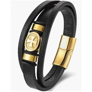 Black leather cord men’s cowhide gold-colored cross stainless steel braided genuine bracelet handmade multi-layer bangle