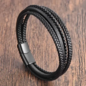 Black leather cord men’s double-layer stainless steel and genuine braided bracelet handmade multi-layer bangle 86