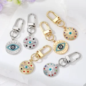 Blessed Gold Color Glass Rhinestone Crystal Evil Eye Fashion Keychain Lucky Keyring Bag Charm Accessory Jewelry Glittering