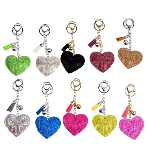 Bling Rhinestone Heart Keychain, Colorful Bag Charm with Tassel and Bell, Fashion Accessories
