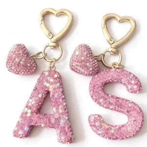Bling Rhinestone Initial Letter Keychain with Heart Clasp 26 Letters Crystal Key Ring Model Q1003 for Bag Gift