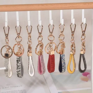 Bling Rhinestone PU Leather Wrist Strap Metal Keychain Crystal Key with Lobster Clasp Bag Pendant Key Ring