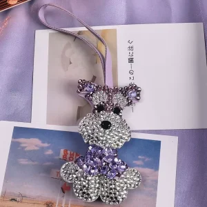 Bling Rhinestone Schnauzer Dog Bag Charm Crystal Puppy Pendant Pu Leather Strap Cute Pet Dog Car Hanging Ornament Gift