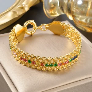 Bling Sparkling Vintage Colorful Zircon Bracelet 18K Gold Plated Copper Base for Party Wear Wedding Jewelry