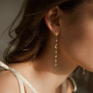 Blingbling INS 18K PVD Gold Filled Stainless Steel Tassel Earrings Waterproof Drop Sun Moon Design Zircon Fashionable