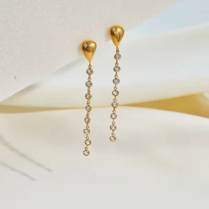 Blingbling INS 18K PVD Gold Plated Stainless Steel Tassel Earring Waterproof Drop Design Zircon