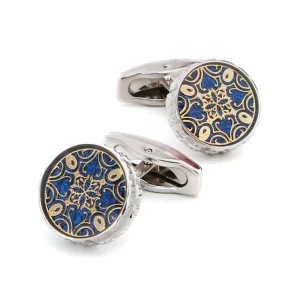 Blue Background with Golden Pattern Round Men’s Cufflink