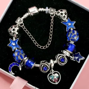 Blue Charm Star Moon and Travel Around the Earth Pendant Bracelet Women’s Jewelry