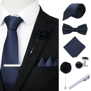 Blue Cravat Formal Suit Wedding Ceremony Ties Neckties Bowtie Handkerchief Lapel Pin Cufflinks and Tie Clip Set