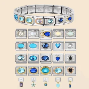 Blue Crystal Italian Charms 9mm Stainless Steel Heart Rhinestone Links Frame Dangle Pendant DIY Enamel Bracelet Module Jewelry