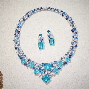 Blue Crystal Necklace Earrings Jewelry Set Luxury Heavy Industry Evening Gown Collarbone Chain