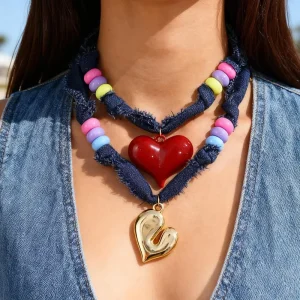Blue Denim Fabric Bead Heart Pendant Minimalist Winter Fashion Accessory Boho Chic Resin Jewelry for Her
