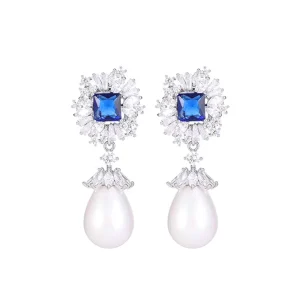 Blue Diamond Cubic Zirconia Silver Plated Princess Cut Drop Earrings for Children for Anniversary