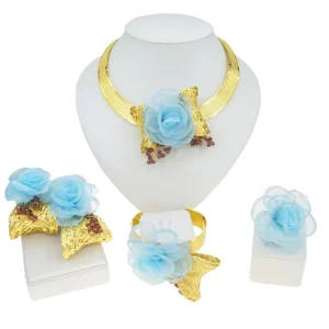 Blue Fabric Rose Jewelry Set Woven Gold Choker Necklace Earrings Bracelet Ring African Fashion Statement Jewelry