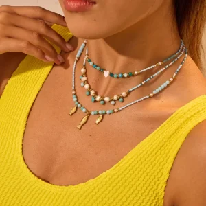Blue Ocean Bohemian Jewelry Summer Stainless Steel Blue Enamel Beads Necklace Small Fish Charms Blue Bead Love Necklace