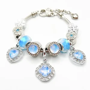Blue Rhinestone Cat Eye Grid Four Leaf Clover Bracelet Adjustable Heart Charm Strand Fashion Jewelry