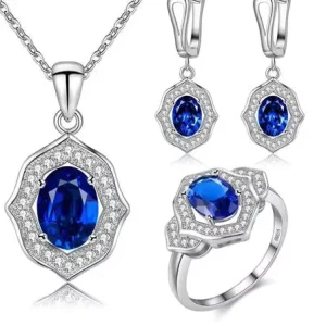 Blue Sapphire Jewelry Set Women 925 Silver Necklace Pendant Earrings Ring